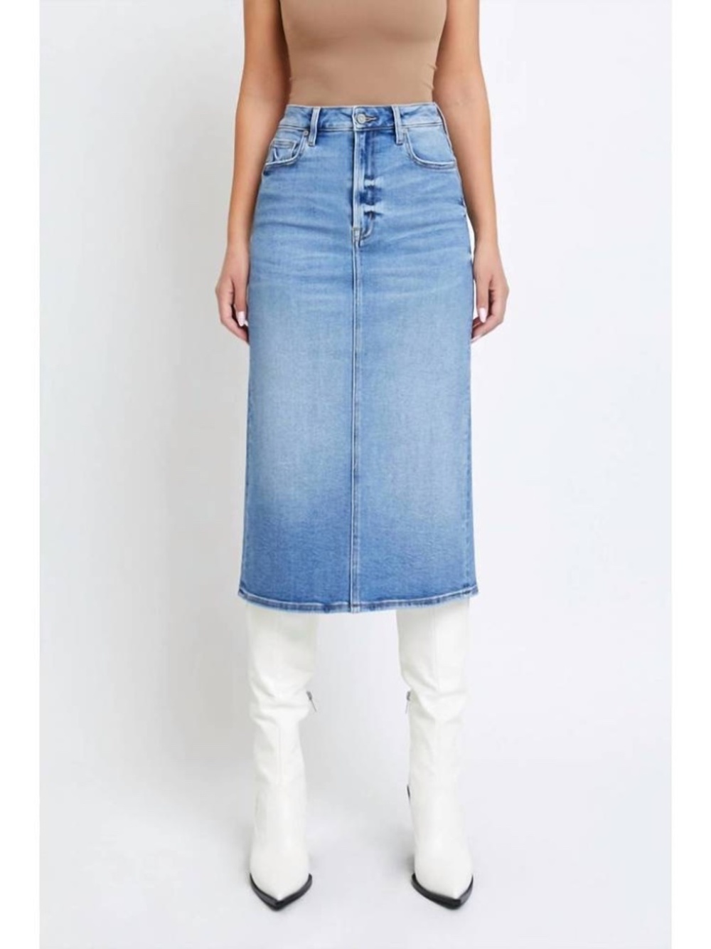PEYTON MEDIUM WASH BACKSLIT JEAN MIDI PENCIL SKIRT by HIDDEN. Small. NWT
